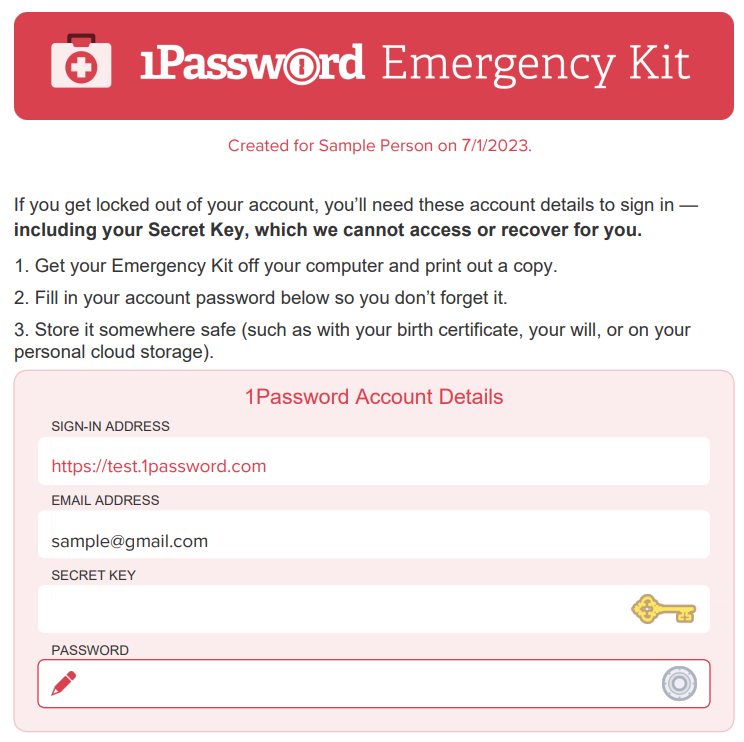 1Password emergency kit for digital estate plan