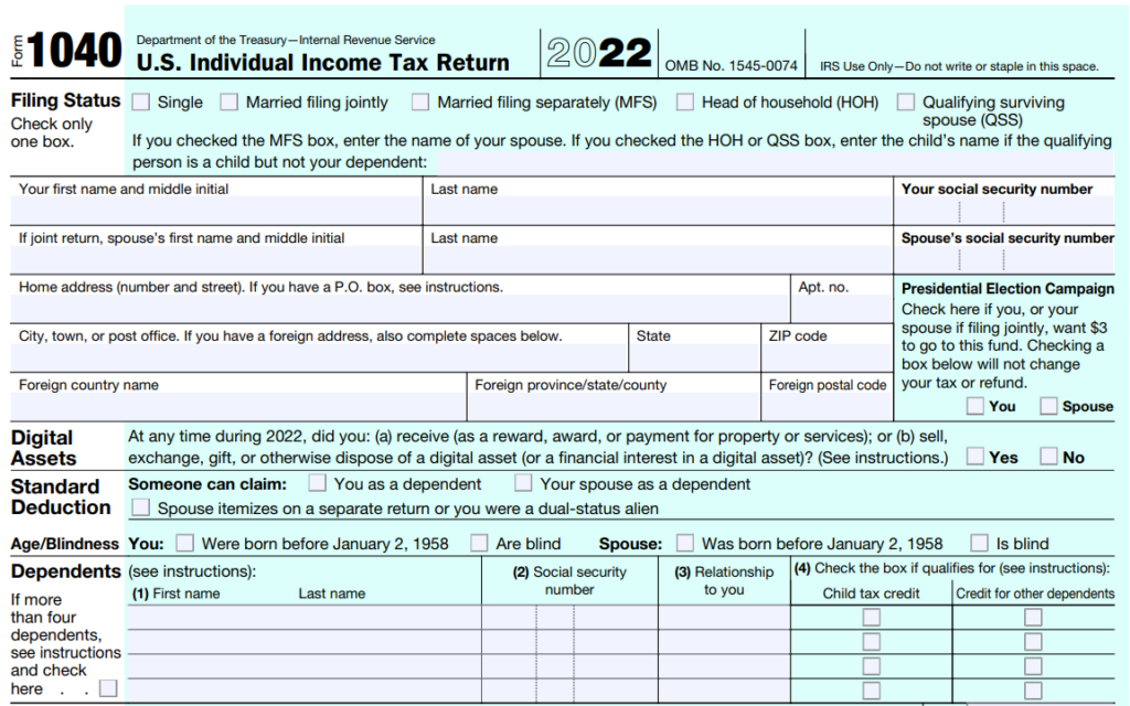 First part of Form 1040 for 2022