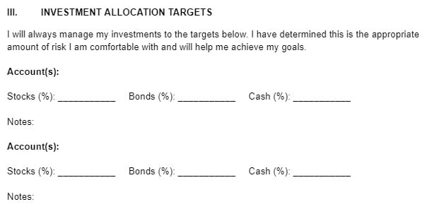 Investment allocation targets for investment policy statement