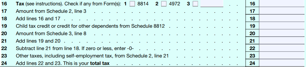 Line 16 - 24 Form 1040 for 2022