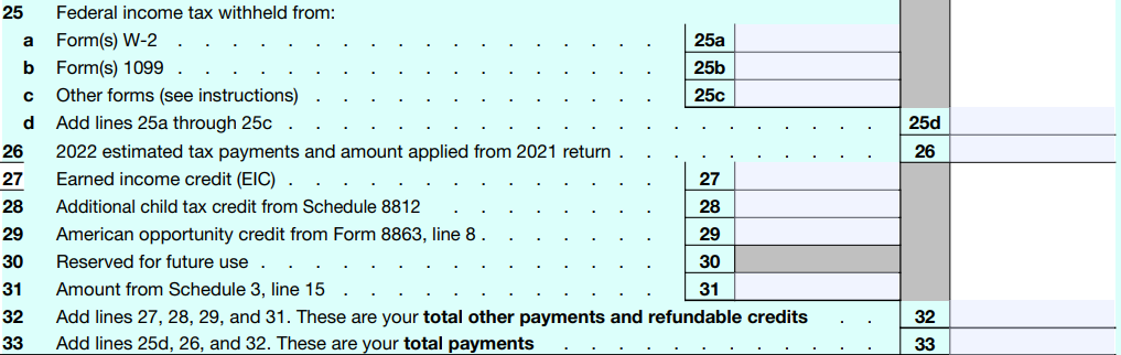 Line 25 - 33 Form 1040 for 2022