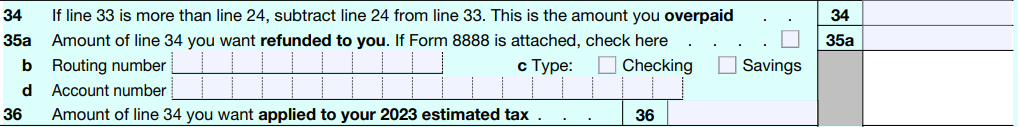 Line 34 - 36 Form 1040 for 2022