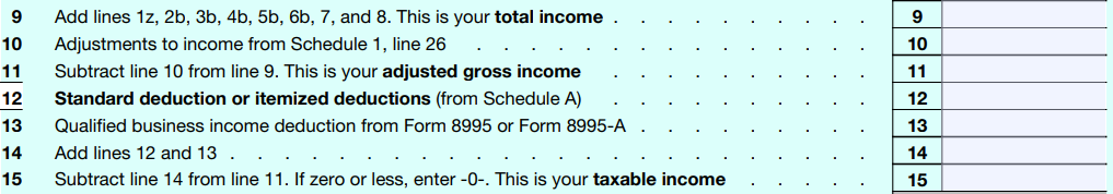 Line 9 - 15 Form 1040 for 2022