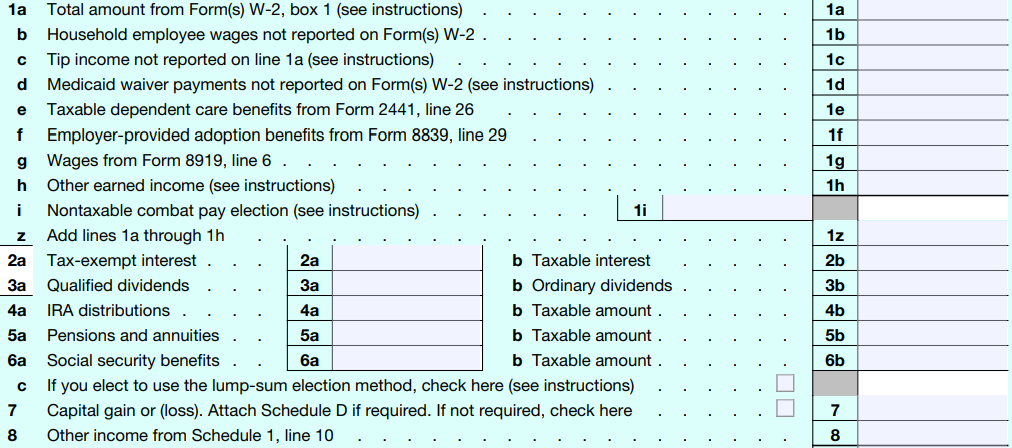 Lines 1- 8 Form 1040 for 2022